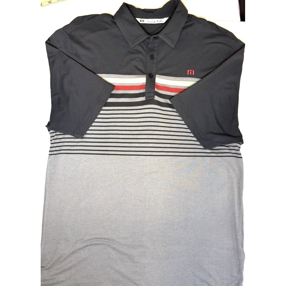 TravisMathew Mens Polo Shirt Medium Gray Black Striped Golf Performance